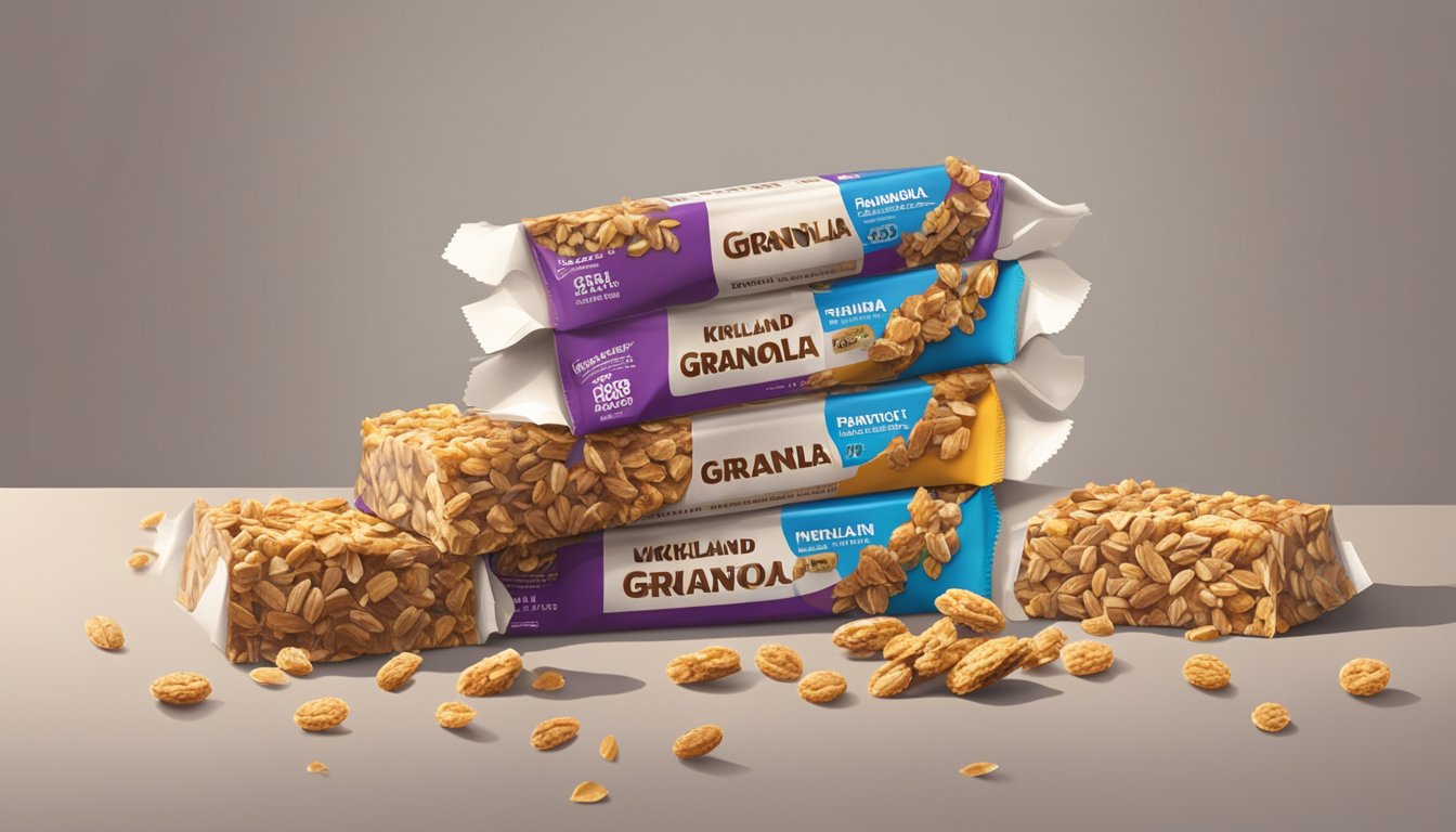 A pile of Kirkland granola bars spilling out of an open box, surrounded by empty wrappers