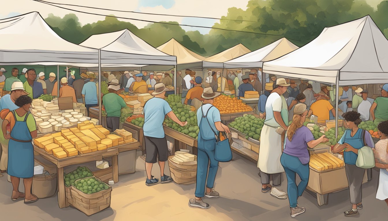 A bustling farmers' market with vendors selling a variety of locally made cheeses in Alabama