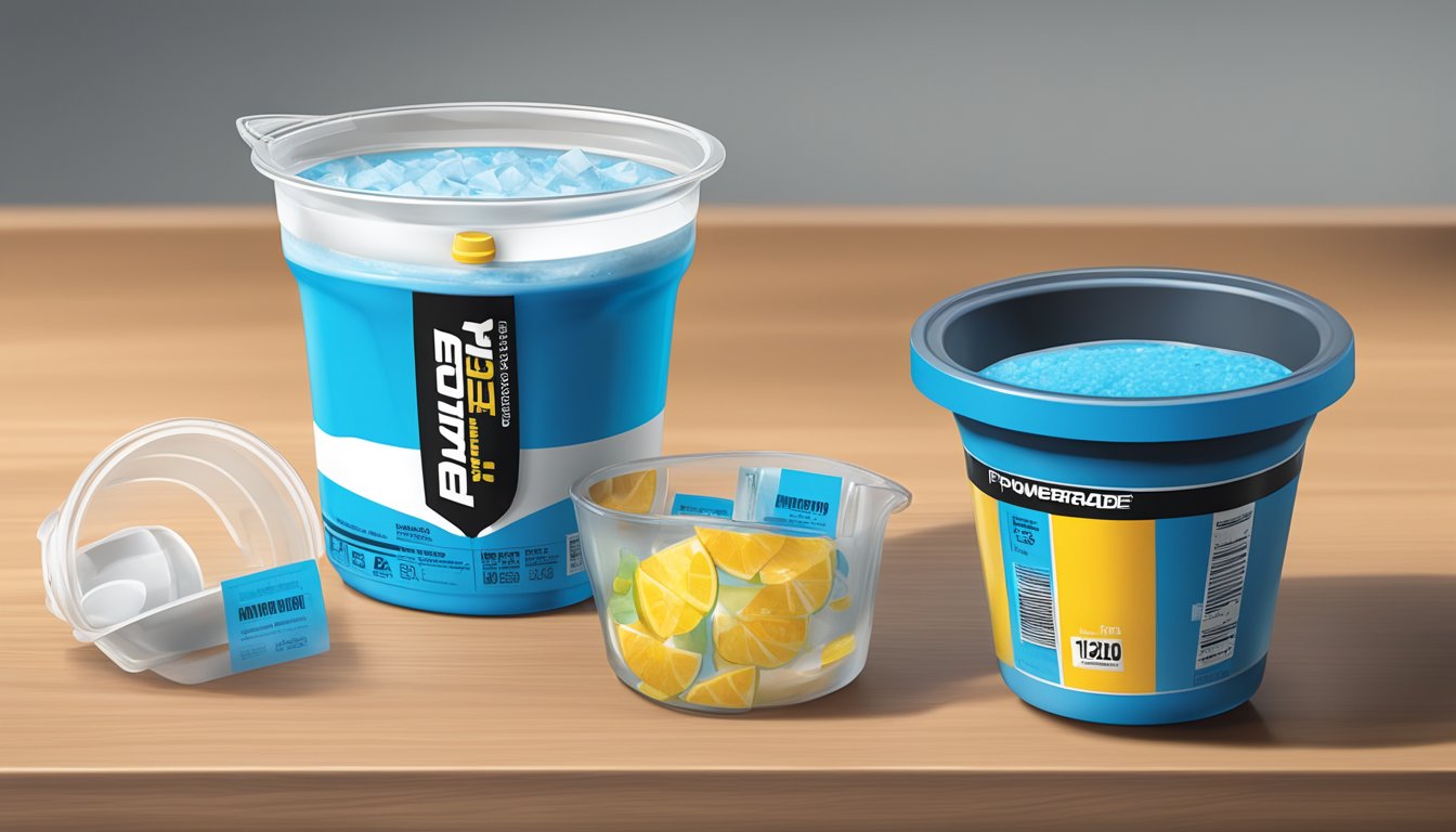 A table with multiple bottles of Powerade, a measuring cup, and a nutrition label