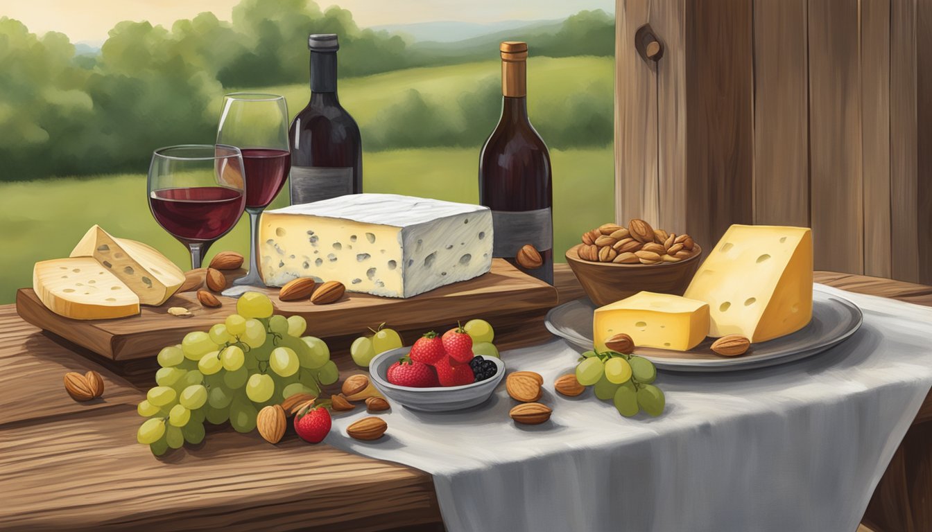 A rustic wooden table displays a spread of Arkansas local artisan cheeses, accompanied by fresh fruits, nuts, and a bottle of wine