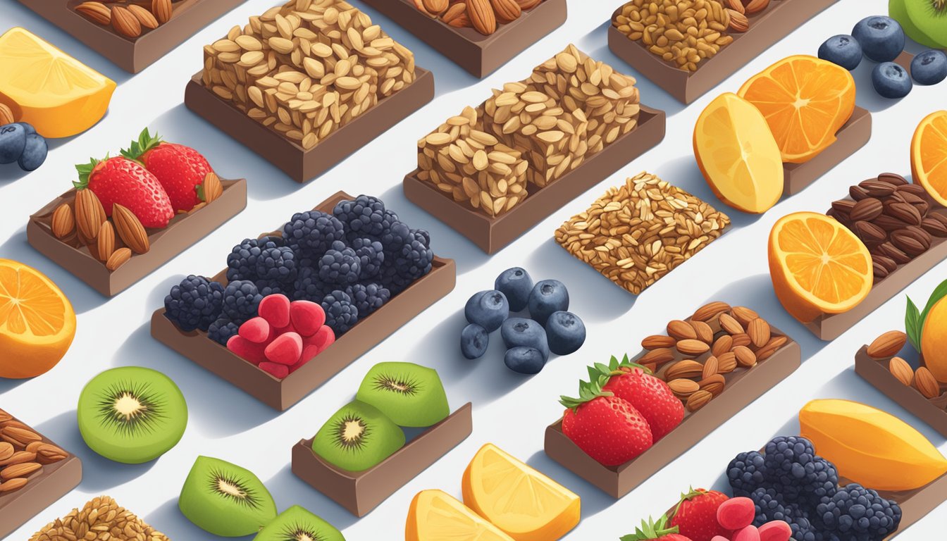 A colorful array of Blake's seed-based bars, stacked in varying heights, surrounded by an assortment of fresh fruits and nuts