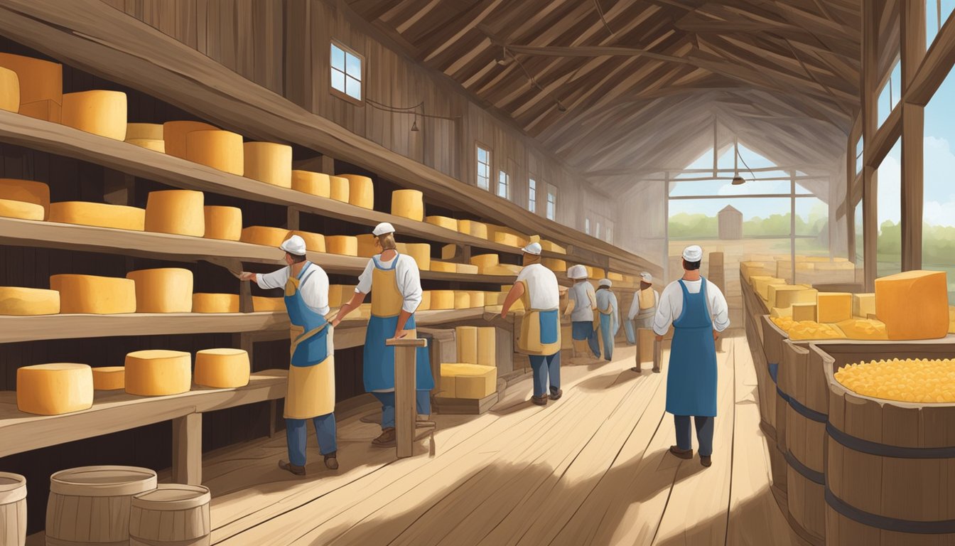 A rustic cheese-making barn in Alabama, with shelves of aging cheese, large vats, and workers in aprons crafting artisanal cheeses