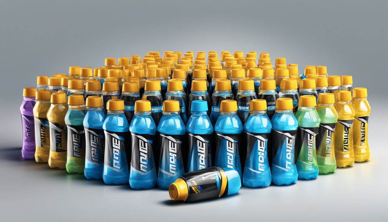 A collection of Powerade bottles stacked in a pyramid shape, with a few bottles tipped over and spilling their contents onto the ground