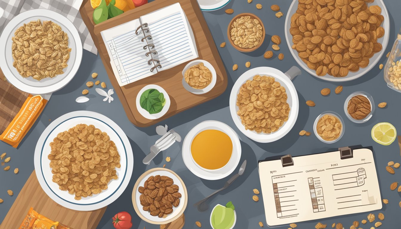 A table with various food items, including Kirkland granola bars, and a dietary guideline chart displayed nearby