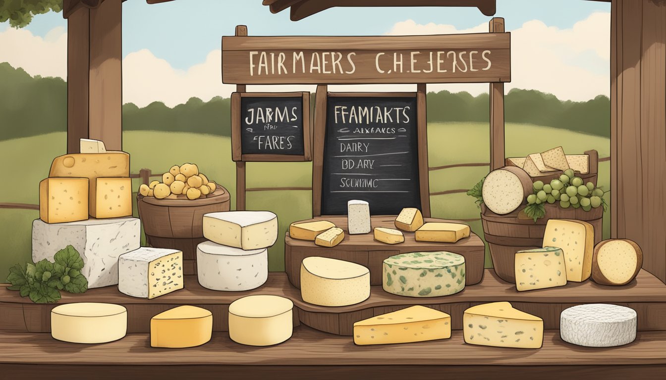 A rustic farmers market stall displays a variety of Arkansas artisan cheeses, labeled with the names of local dairy farms