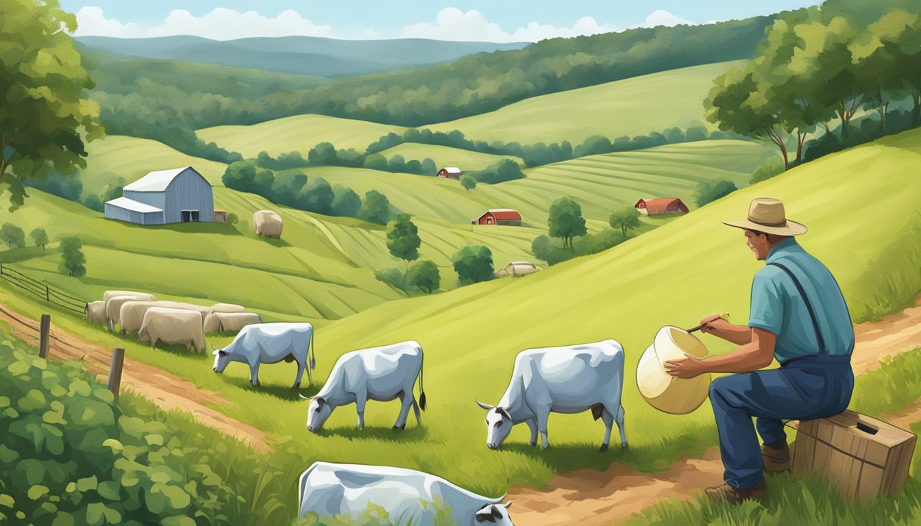 A farmer in Alabama carefully crafts artisan cheese, surrounded by rolling hills and grazing cows