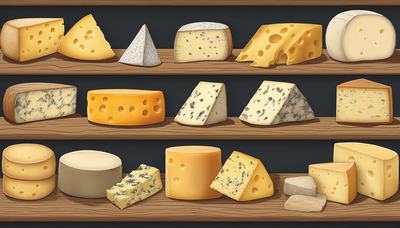 A rustic wooden table displays an array of local artisan cheeses from Arizona, each labeled with the name of the producer