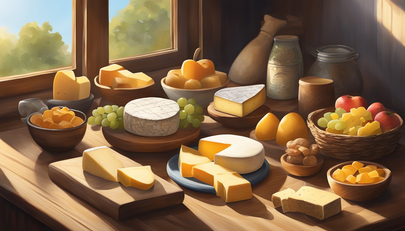 A rustic wooden table displays a variety of Arkansas local artisan cheeses, accompanied by fresh fruits and bread. Sunshine streams through a nearby window, casting warm light on the scene