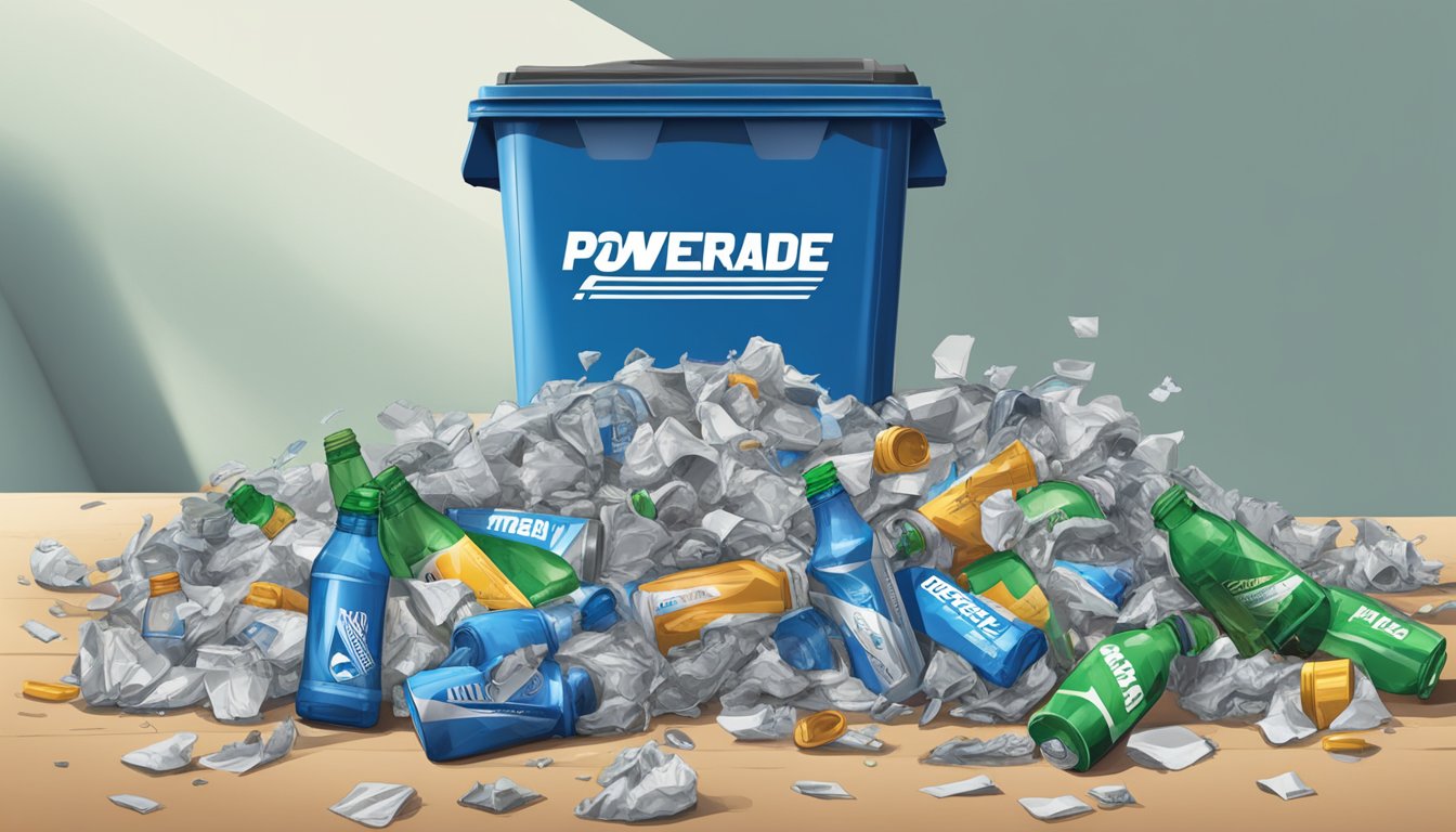 A cluttered table with empty Powerade bottles spilling out of a recycling bin, surrounded by crumpled wrappers and overflowing trash