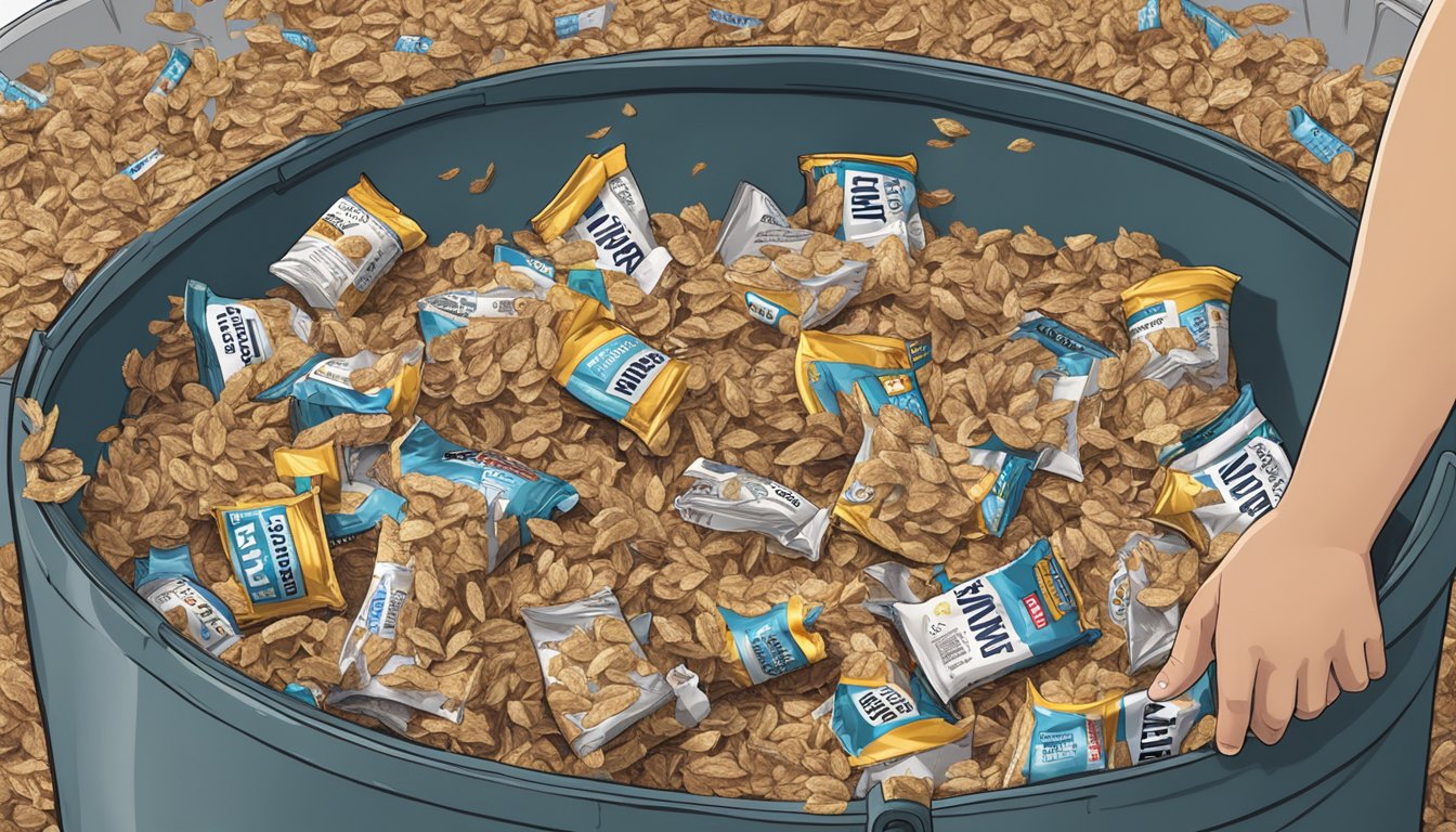 A pile of empty Kirkland granola bar wrappers scattered around an overflowing trash can, with a person's hand reaching for another bar