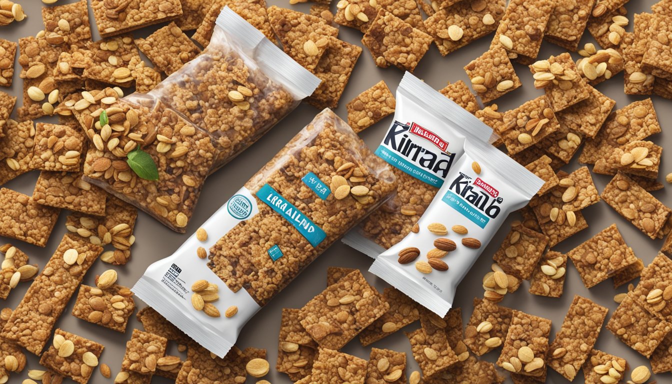 A pile of Kirkland granola bars of varying sizes, with a measuring cup next to them for comparison