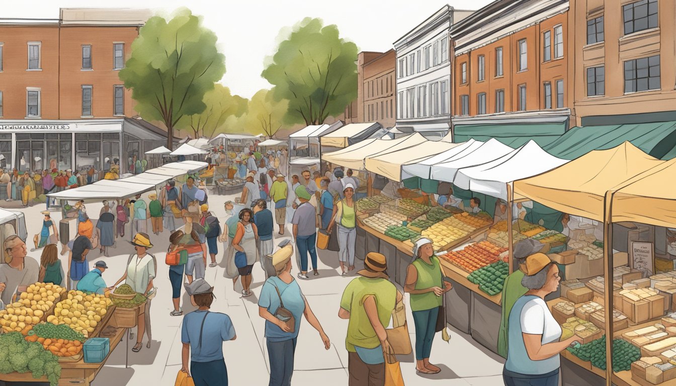 A bustling farmers' market with a diverse crowd sampling and purchasing Arkansas local artisan cheeses