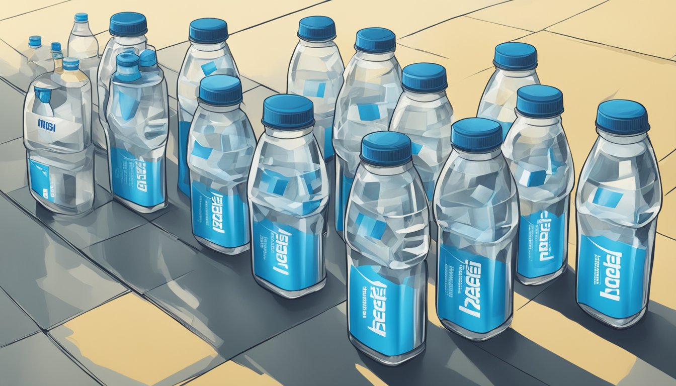 A table with multiple empty and half-empty bottles of Powerade scattered around, indicating excessive consumption