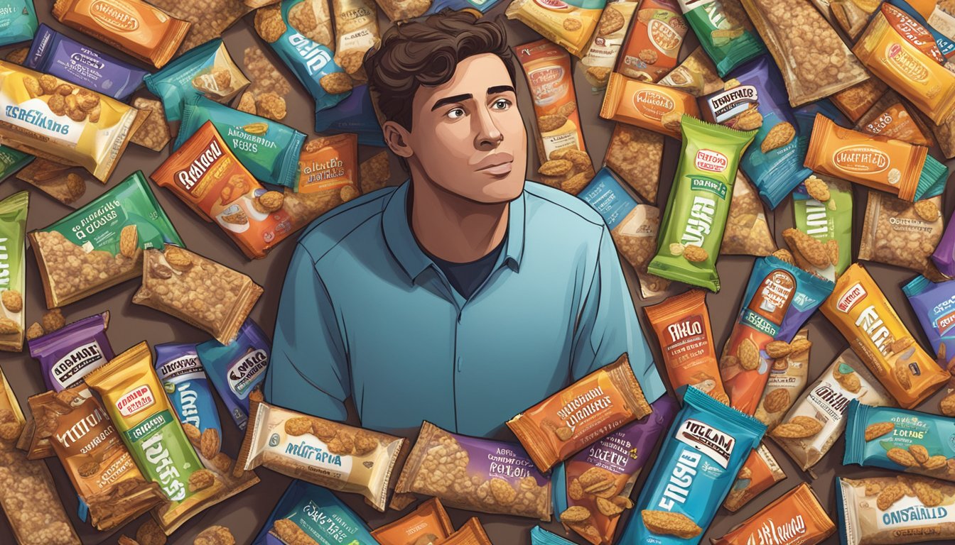 A person surrounded by empty Kirkland granola bar wrappers, looking overwhelmed