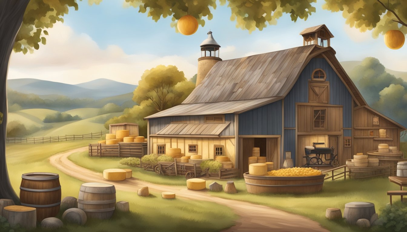 A rustic farm setting with a backdrop of rolling hills and a quaint cheese-making workshop, with a focus on the handcrafted cheese wheels and aging process