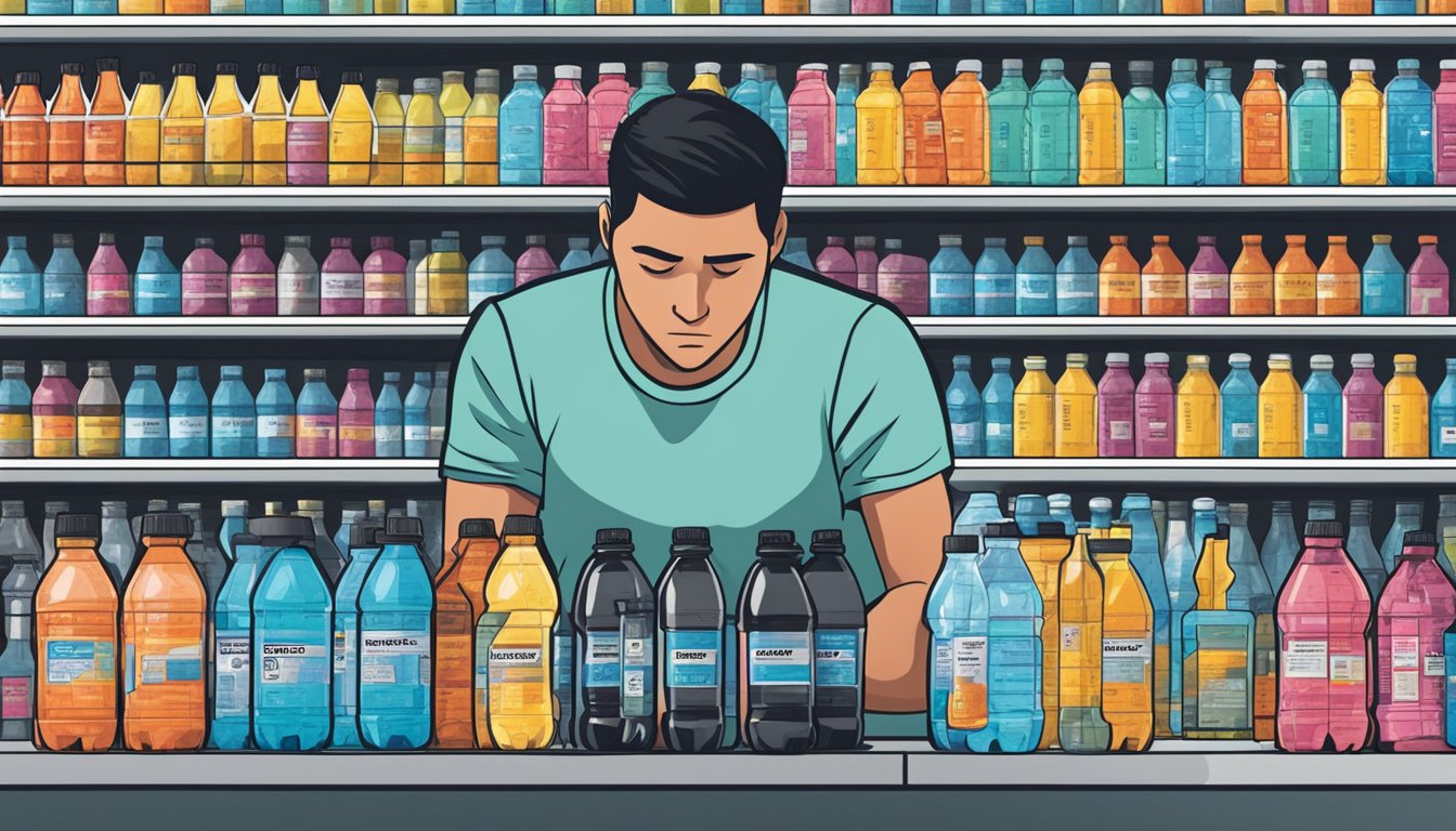 A person surrounded by multiple bottles of Powerade, looking at the nutrition labels with a concerned expression