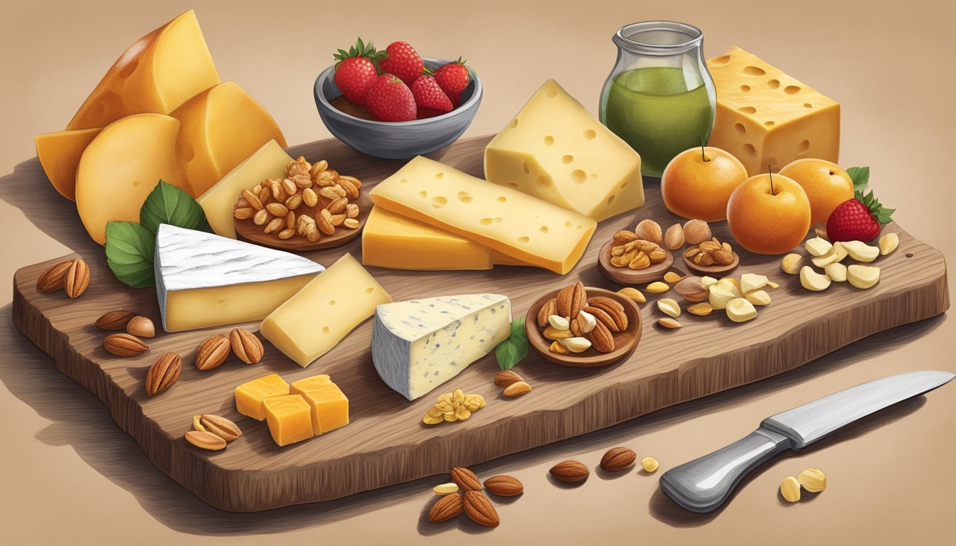 A rustic wooden board showcasing a variety of Arizona local artisan cheeses paired with fresh fruits, nuts, and honeycomb