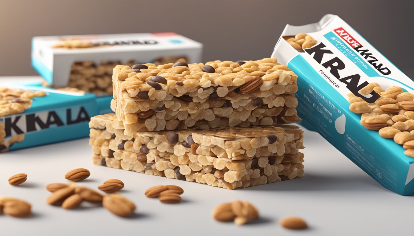 A pile of Kirkland granola bars stacked on a table, with a chart showing increasing consumption levels in the background