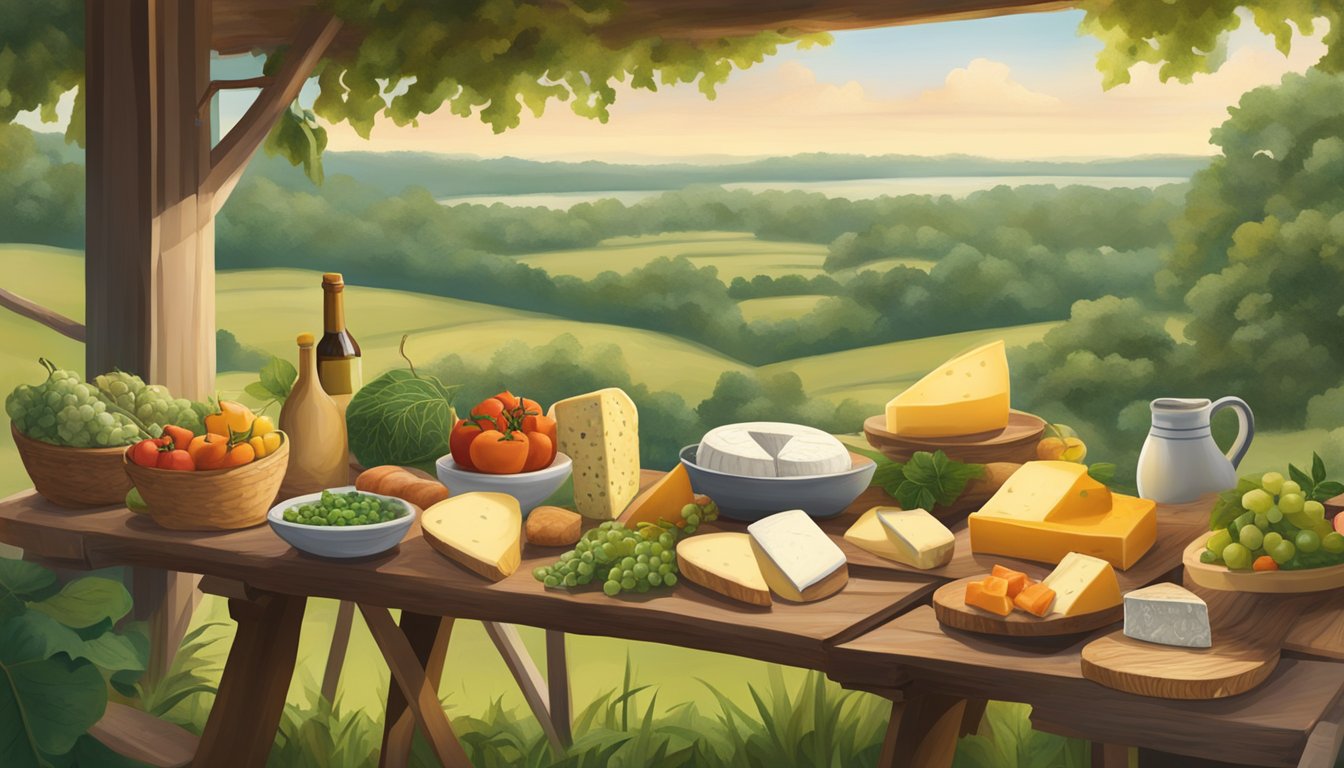 A rustic farm setting with a variety of artisan cheeses displayed on a wooden table, surrounded by Louisiana's lush greenery and colorful local produce