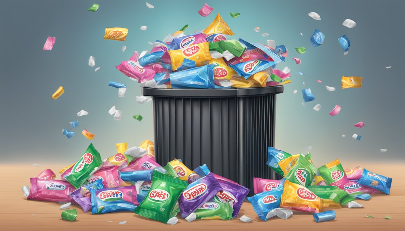 A pile of empty Orbit gum wrappers surrounds a overflowing trash can