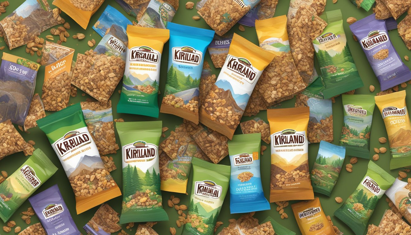 A towering pile of empty Kirkland granola bar wrappers, spilling out of an overflowing trash can, surrounded by images of nature and sustainability