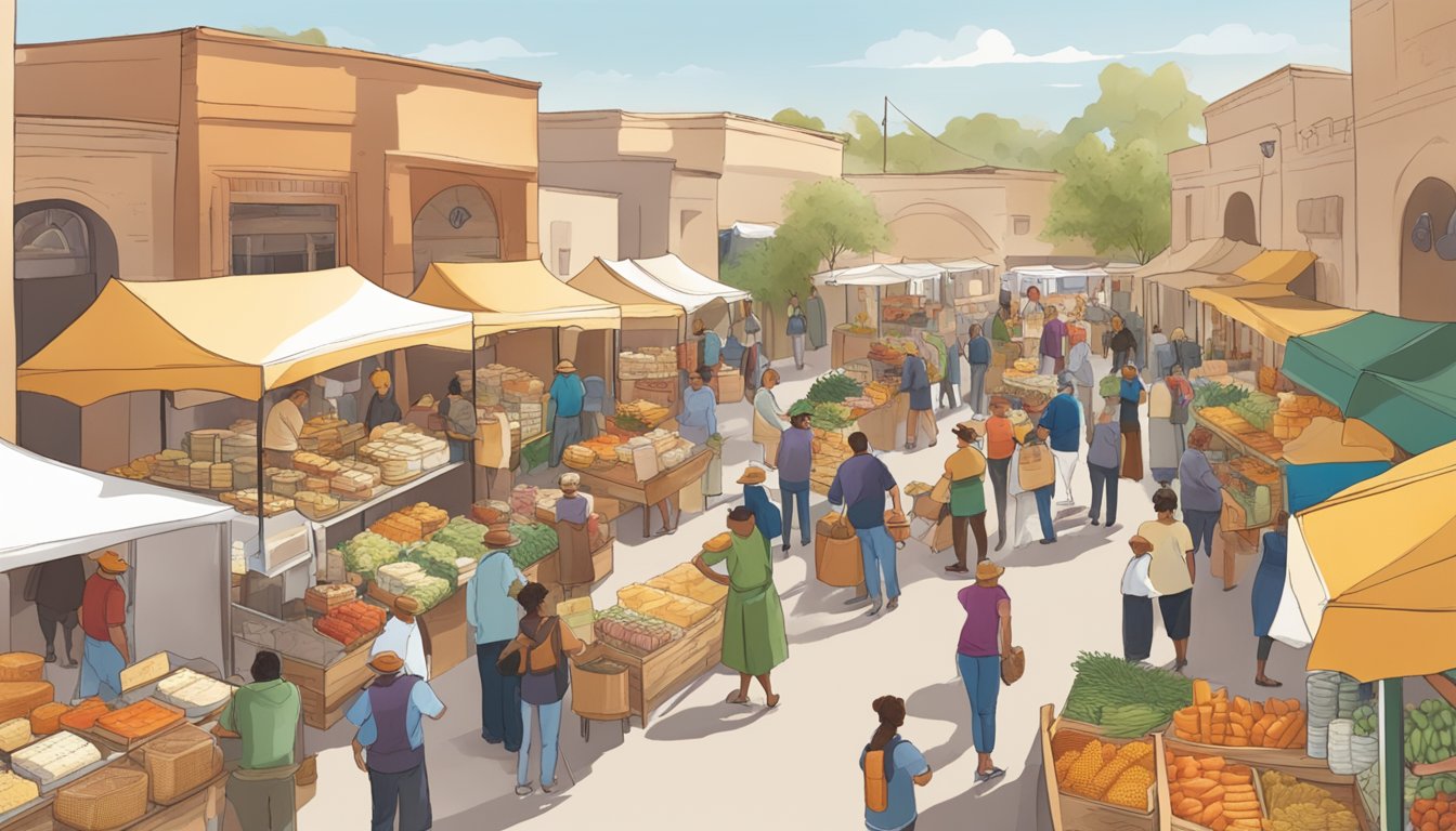 A bustling marketplace with colorful stalls showcasing local artisan cheeses from Arizona. Customers browse the selection, while vendors engage in lively conversations