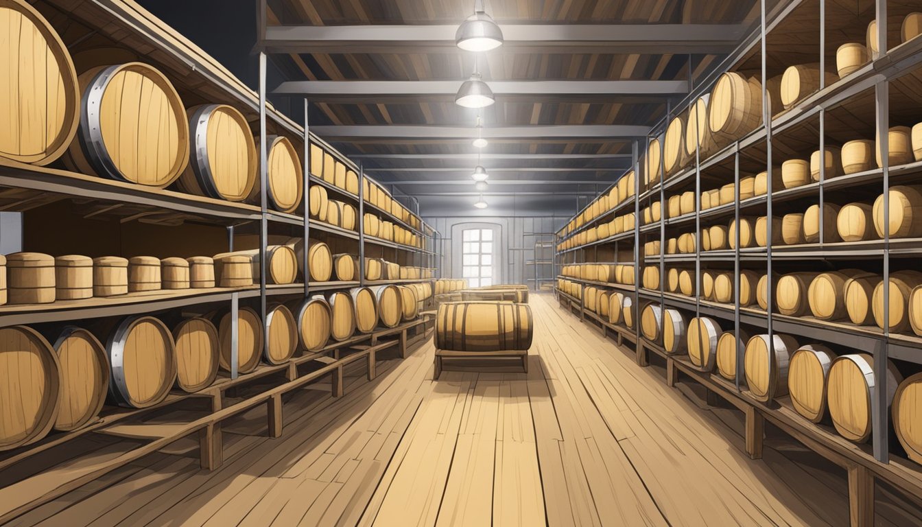 A rustic cheese cellar with aging wheels, wooden barrels, and stainless steel vats in a Louisiana artisan cheese production facility