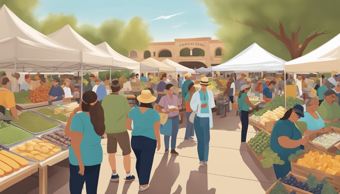 A bustling farmers market in Arizona, with vendors showcasing their local artisan cheeses and visitors mingling at community events