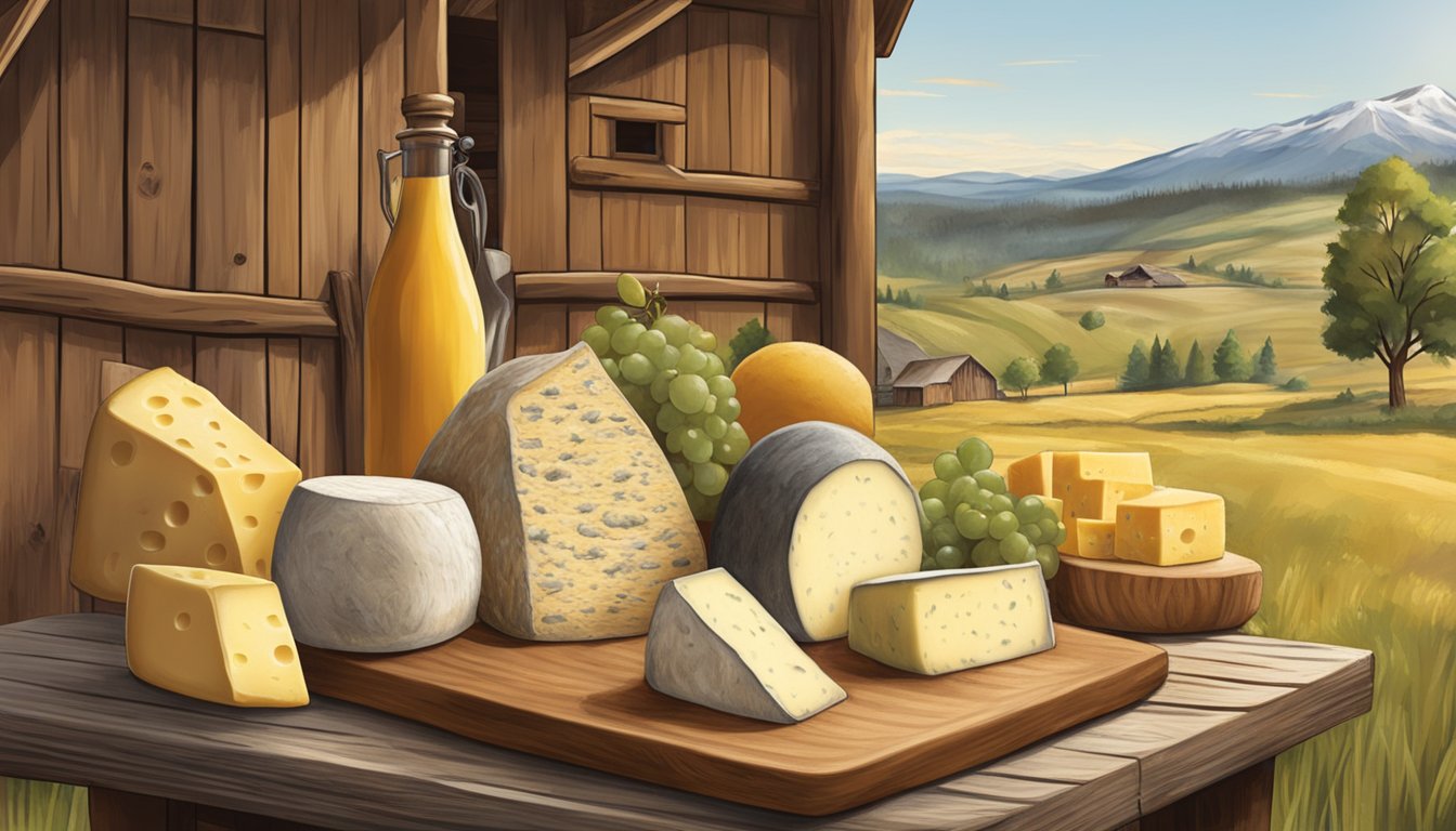 A rustic barn with rolling hills in the background, showcasing a variety of Idaho artisan cheeses displayed on wooden boards