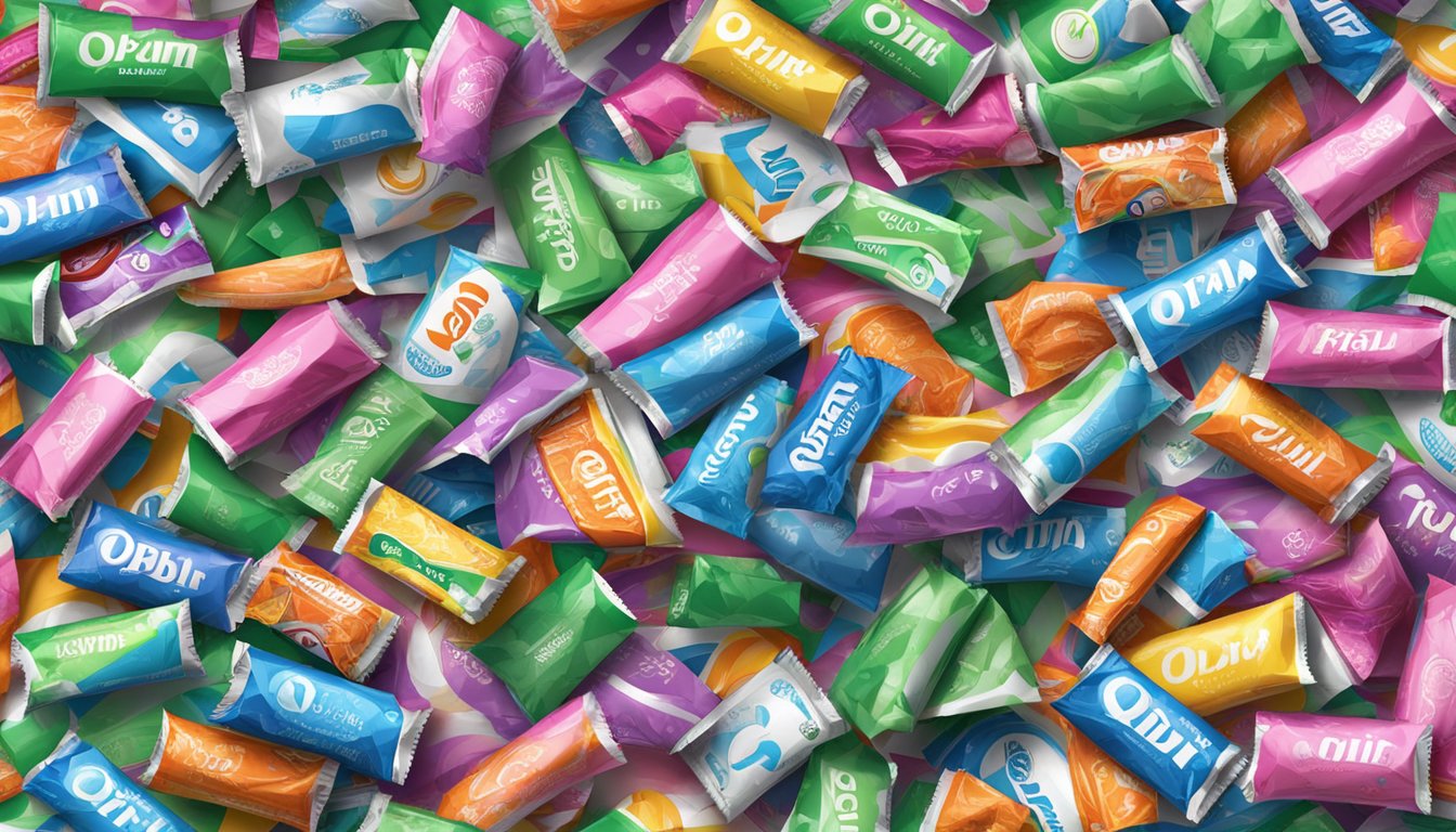 A pile of empty Orbit gum wrappers scattered across a desk, with a trash can overflowing with more discarded wrappers nearby