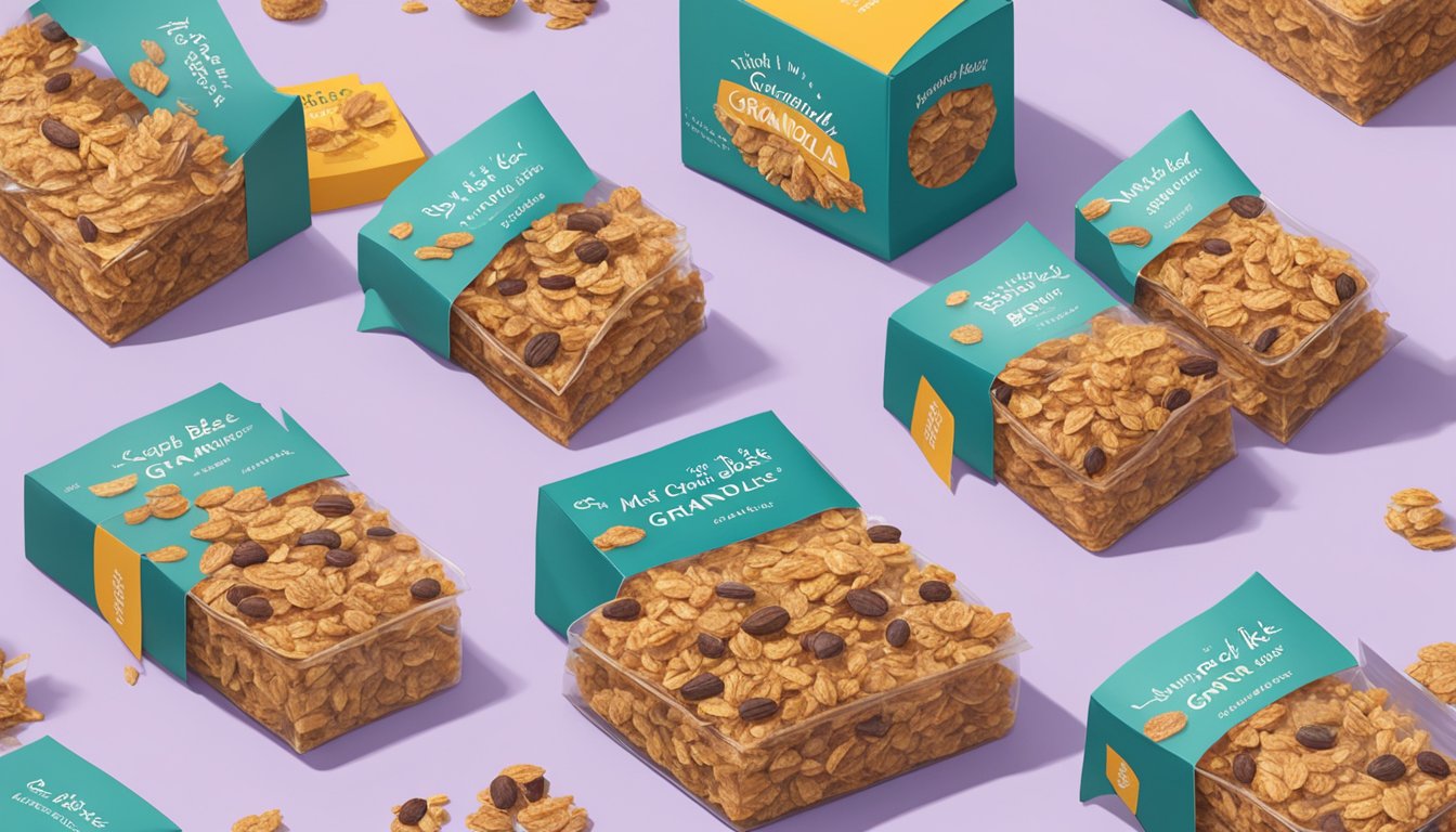 A table with multiple boxes of Cooper Street Granola Bakes stacked on top of each other, with a few empty wrappers scattered around