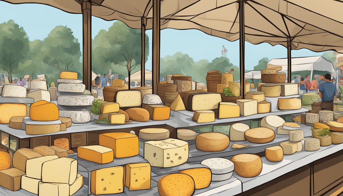 A bustling market stall displays a variety of local artisan cheeses from Commerce, Louisiana