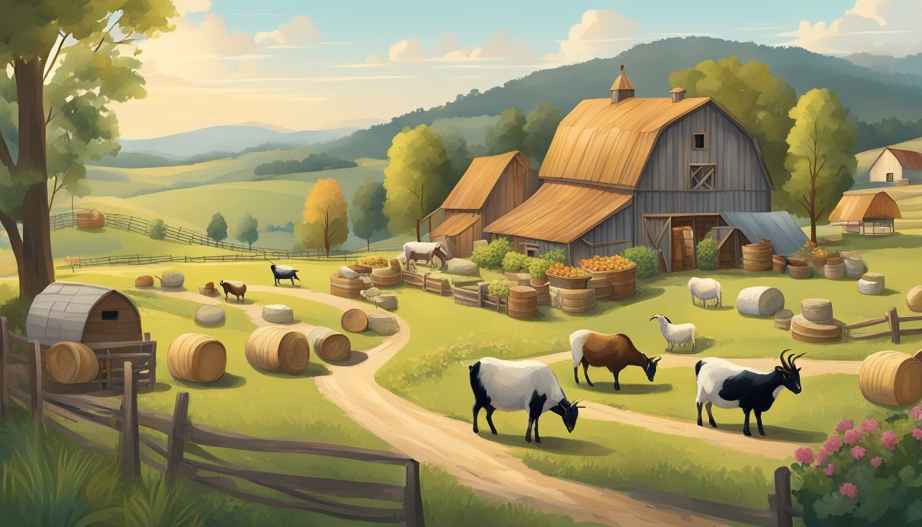 A rustic farm setting with rolling hills and grazing goats, a quaint cheese-making workshop, and a bustling farmers' market showcasing artisan cheeses