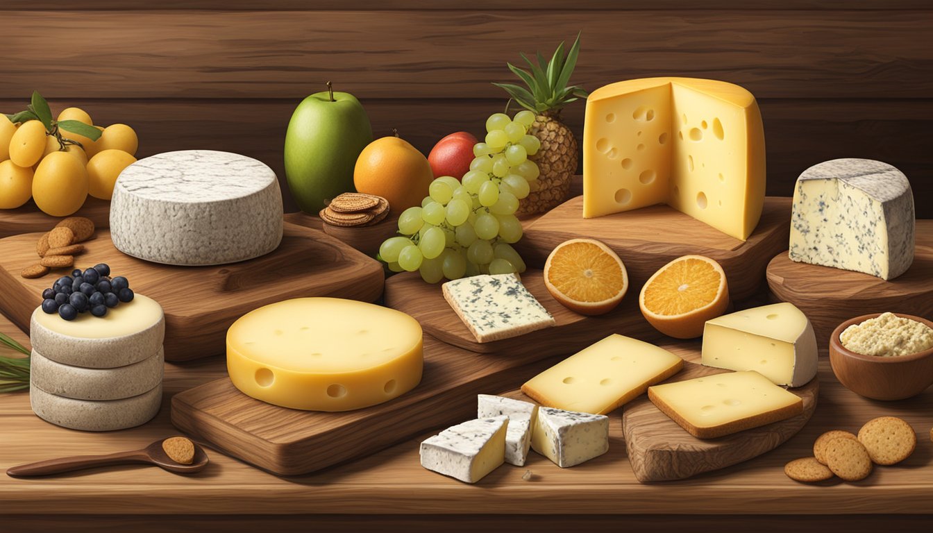 A rustic wooden table displays various types of Idaho artisan cheese alongside fresh fruit and crackers