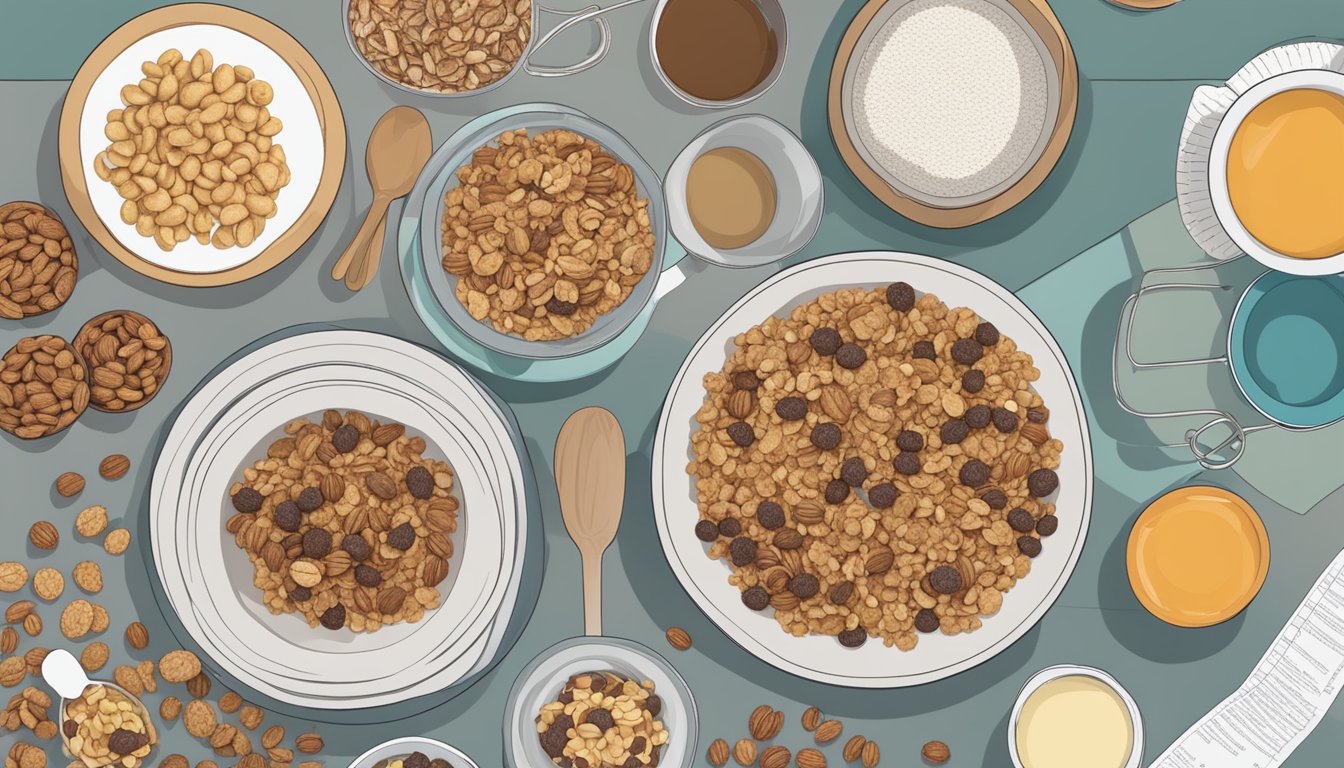 A table with various servings of Cooper Street granola bakes, surrounded by measuring cups and a nutrition label