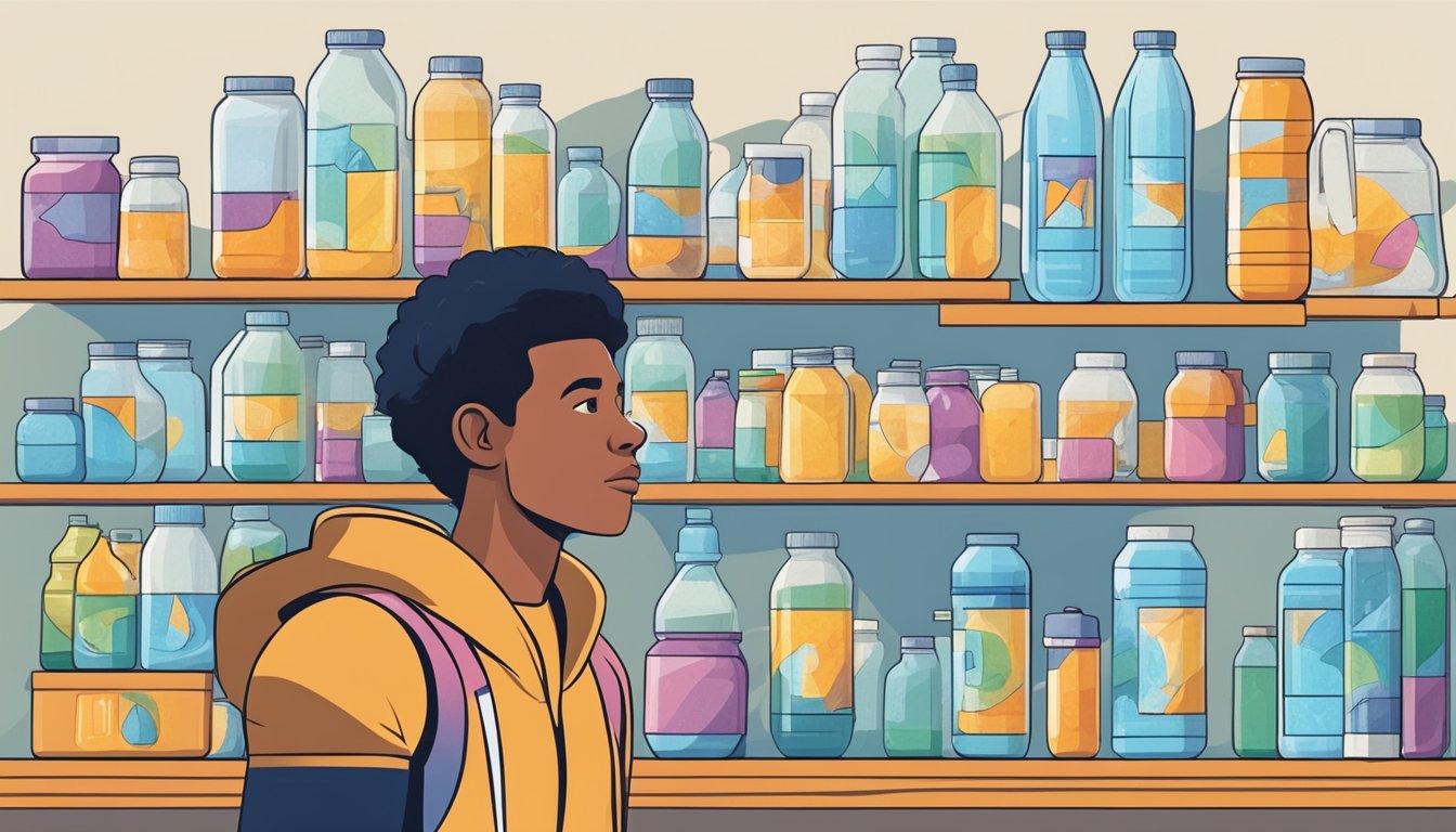 An athlete surrounded by various containers of precision hydration, with a puzzled expression on their face as they try to determine how much is too much