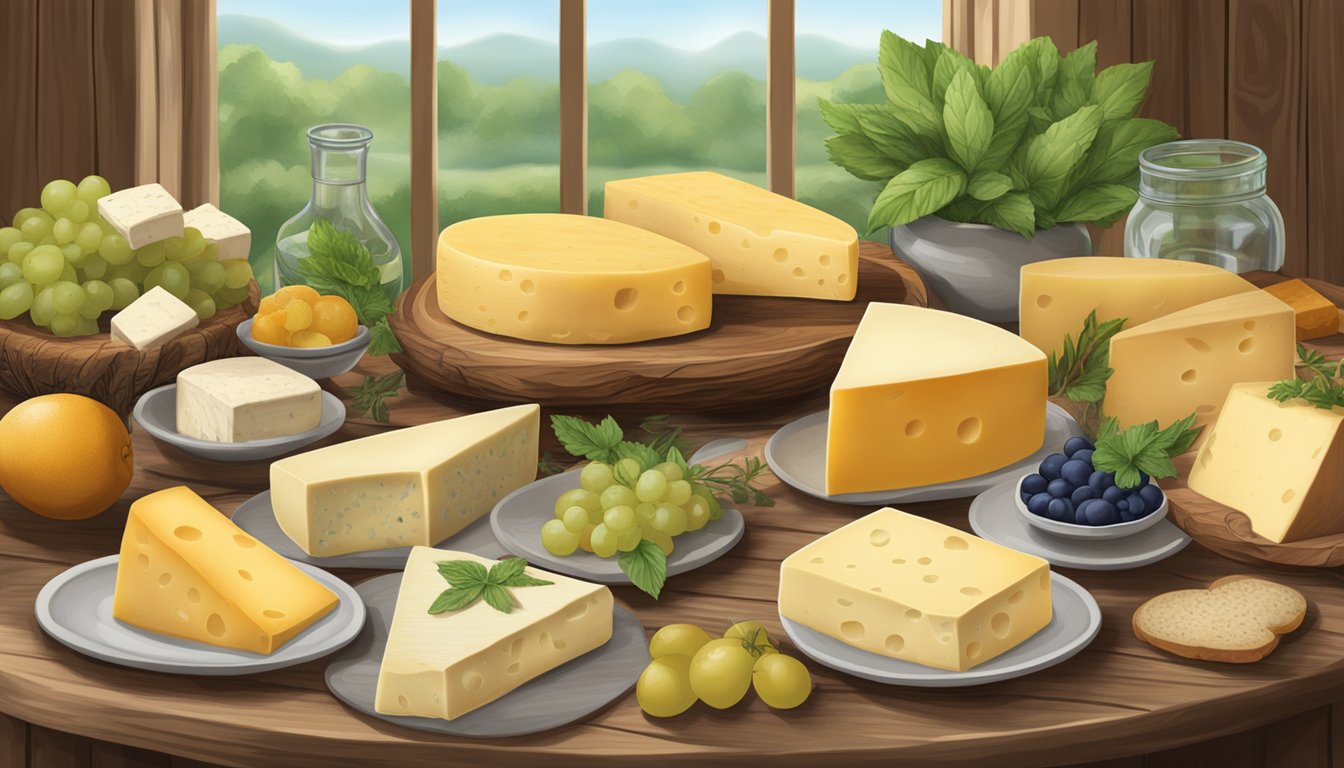 A rustic wooden table with an assortment of Louisiana specialty cheeses displayed on unique serving platters and accompanied by fresh fruits and herbs