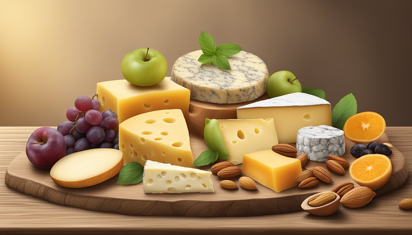 A rustic wooden board displaying a variety of Idaho artisan cheeses, accompanied by fresh fruits and nuts