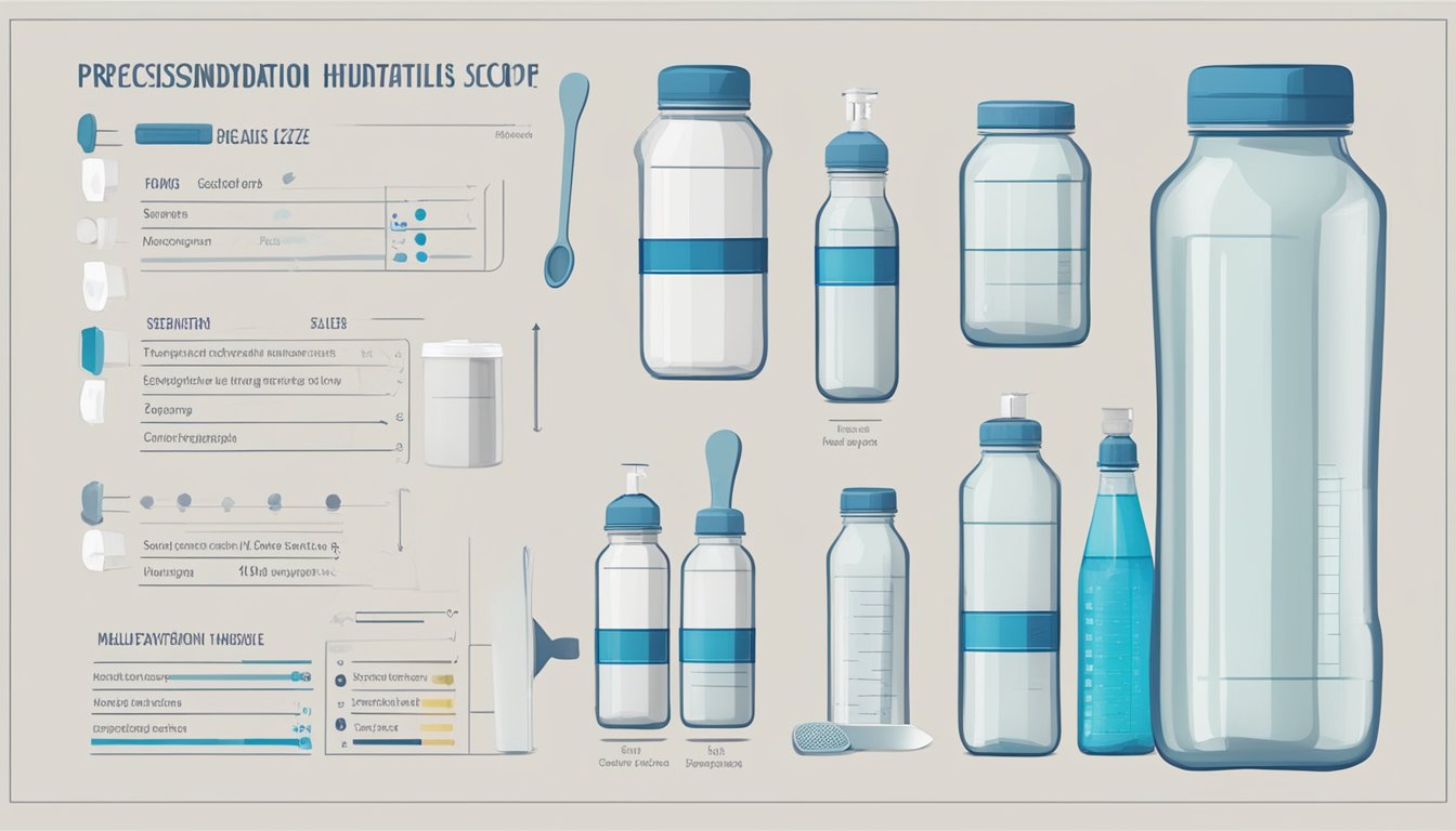 A table with multiple empty and partially filled bottles of Precision Hydration, alongside a measuring scoop and a chart indicating serving sizes