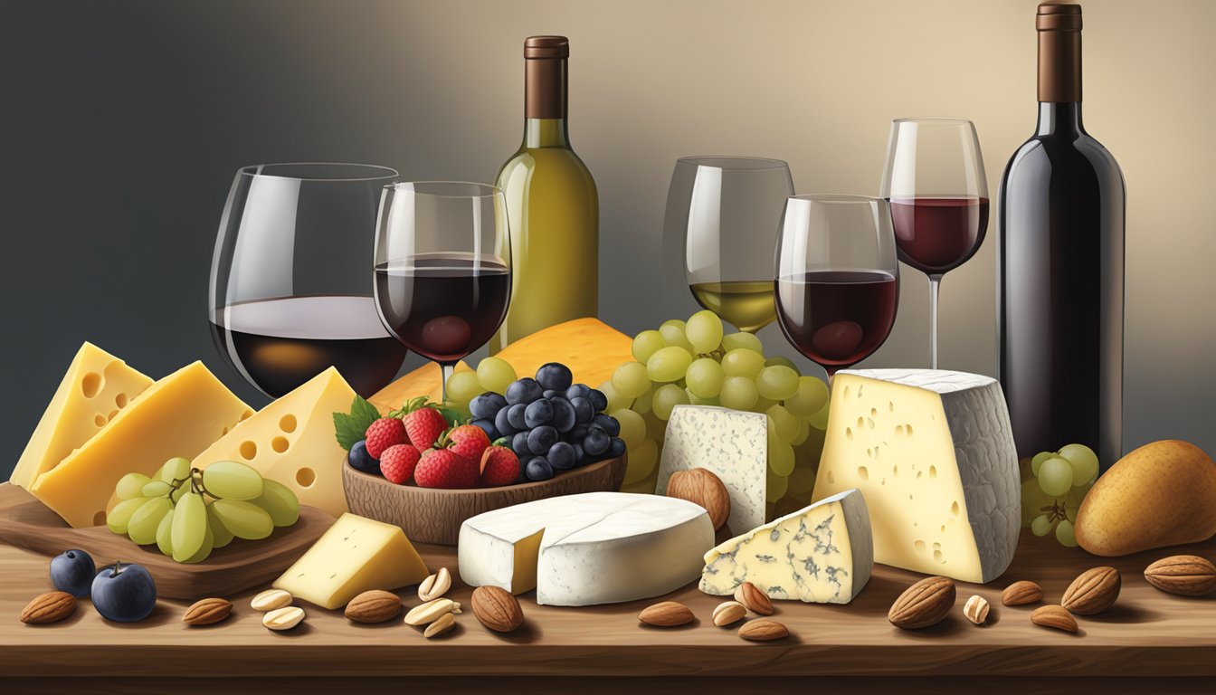 A rustic wooden table displays a variety of Louisiana artisan cheeses, accompanied by fresh fruits, nuts, and a selection of wines