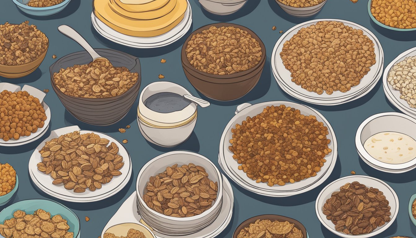 A table filled with an assortment of Cooper Street granola bakes in different flavors and varieties, with several empty plates indicating multiple servings consumed