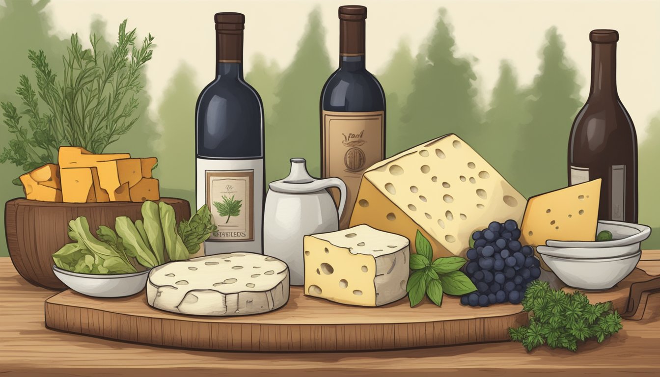 A rustic kitchen scene with a variety of Idaho artisan cheeses displayed on a wooden cutting board, accompanied by fresh herbs and a bottle of local wine