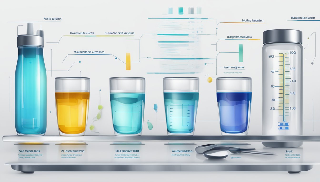 A table with multiple glasses of precision hydration, varying in levels, surrounded by measuring tools and nutritional information