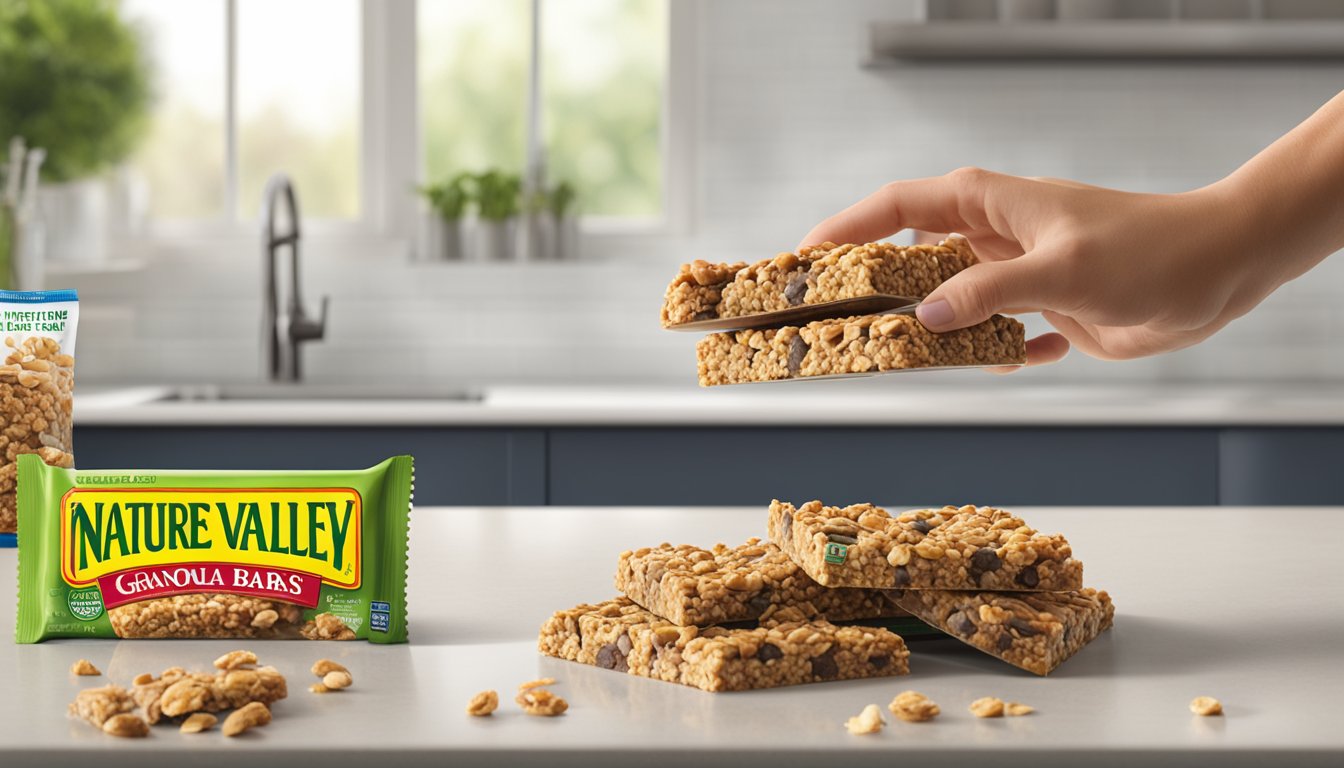 A stack of Nature Valley granola bars on a kitchen counter, with a hand reaching for one but hesitating, suggesting uncertainty about how many to eat