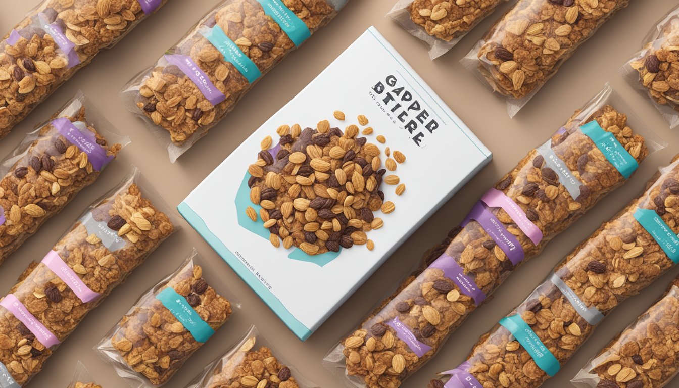 A table with multiple boxes of Cooper Street Granola Bakes stacked on top of each other, with a few empty wrappers scattered around