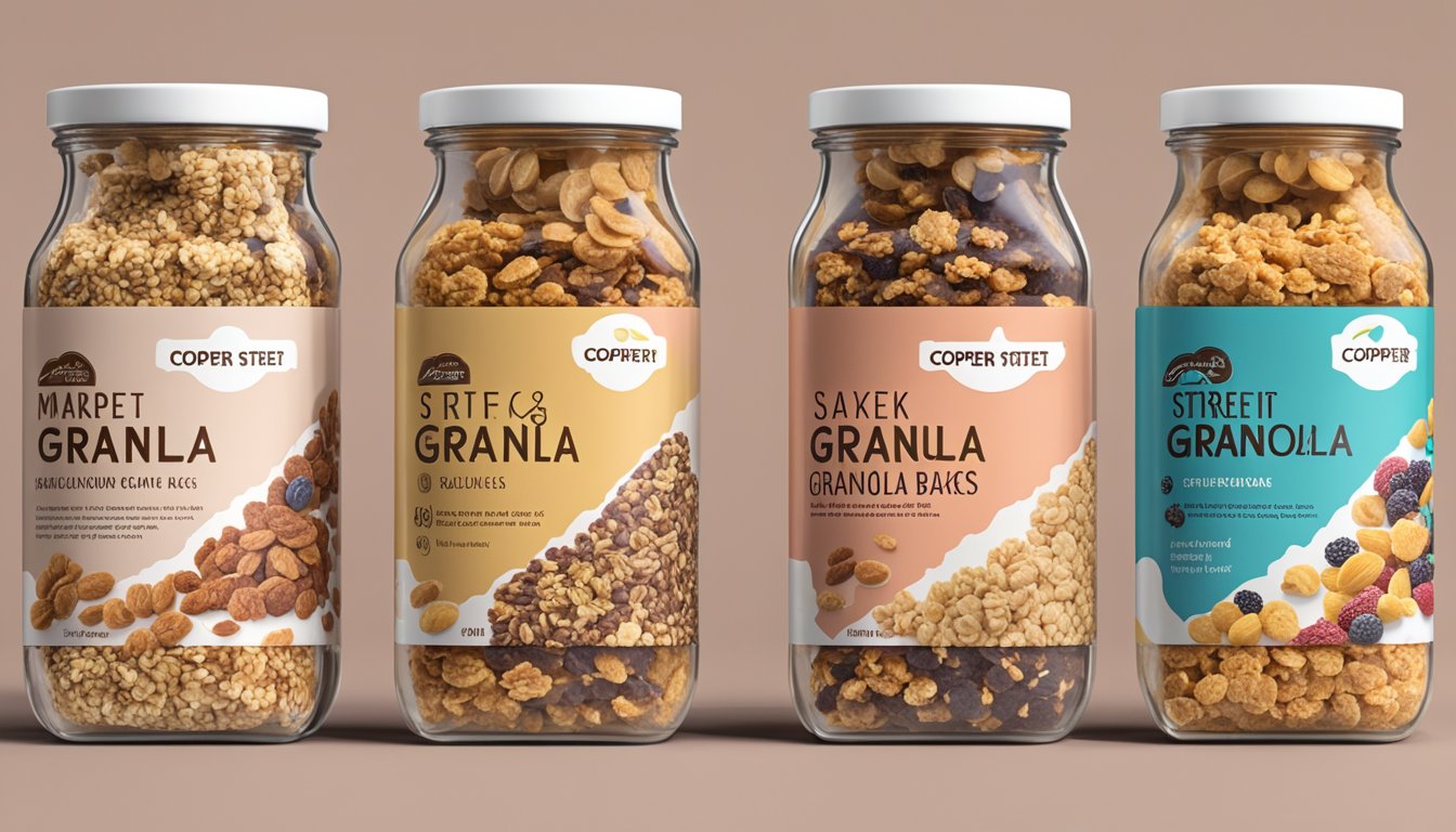 A variety of Cooper Street Granola Bakes are stacked on a shelf, with different flavors and packaging, suggesting a range of options for consumption