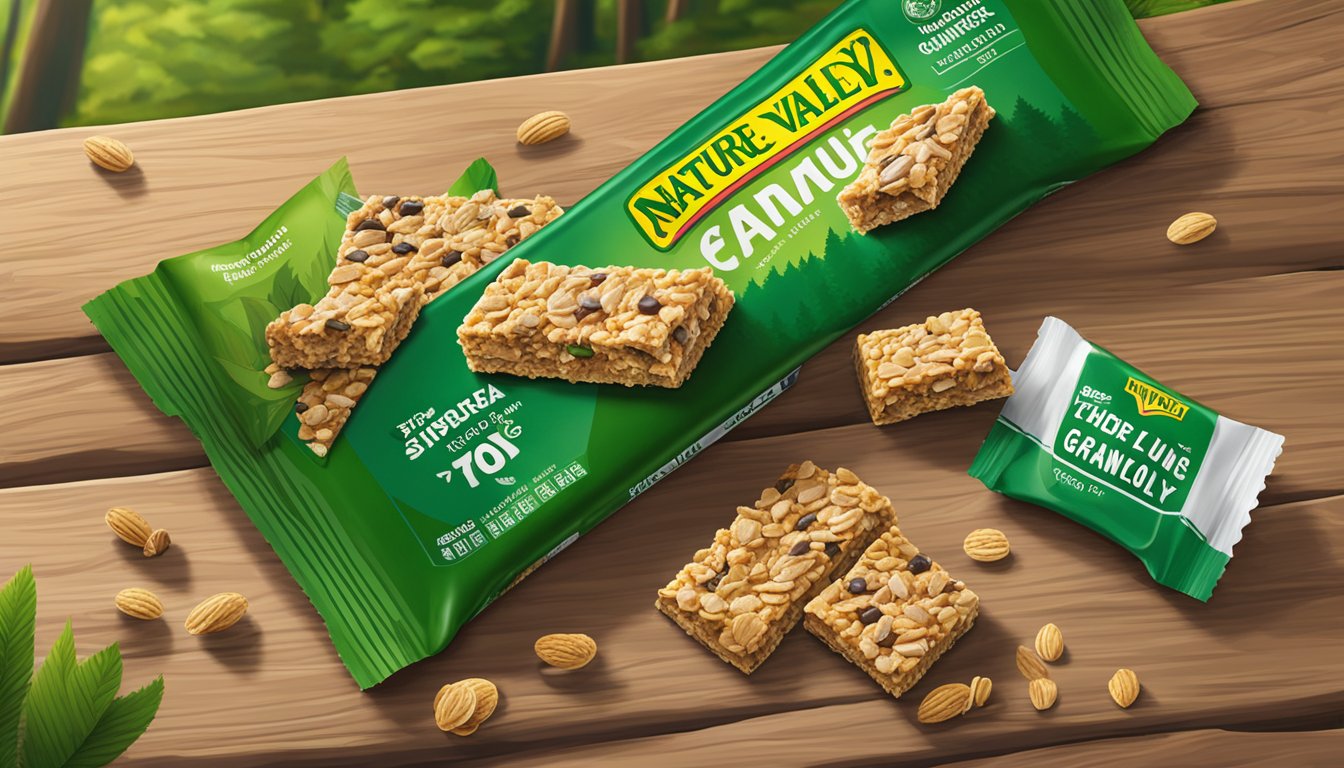 A pile of Nature Valley granola bars scattered on a wooden table, surrounded by a lush green forest backdrop