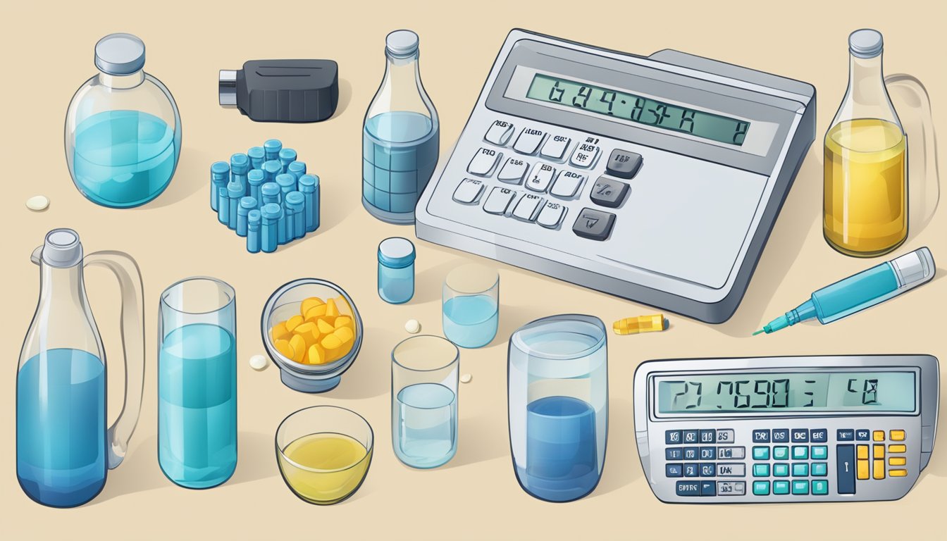 A table with various bottles of Precision Hydration, some empty, some full, and a calculator with numbers being input