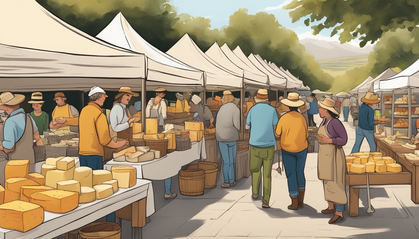 A bustling farmers' market with locals sampling and purchasing Idaho artisan cheeses. The aroma of aged cheddar and creamy brie fills the air