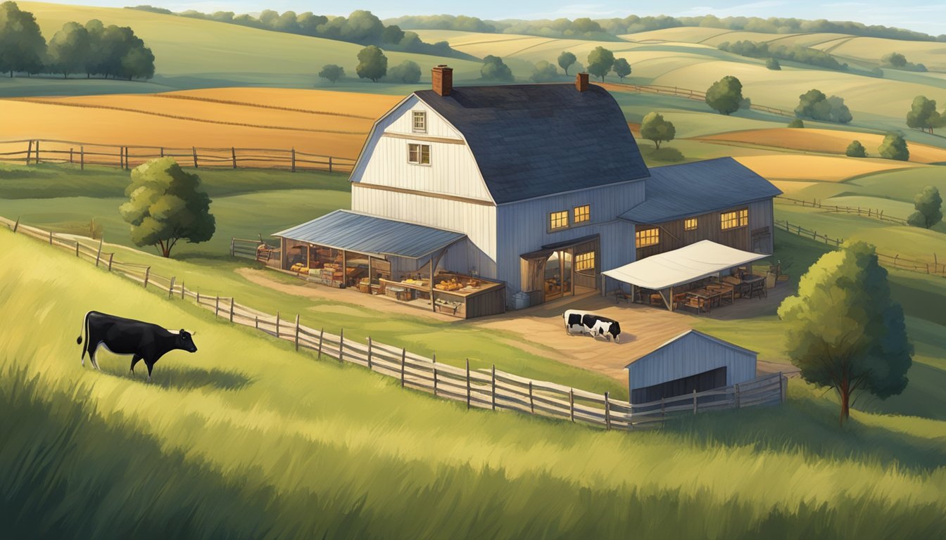 A rustic farmhouse nestled in the rolling hills of Kansas, surrounded by fields of grazing cows and a small dairy operation producing artisanal cheeses